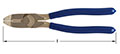 Horizontal image of a pair of lineman’s side-cutting pliers with blue handles. A double-headed arrow beneath indicates length.